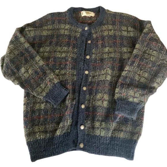 Vintage Sweaters - Vintage wool cardigan made in Scotland green orange blue plaid crewneck cozy L